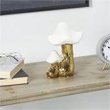 Gold Ceramic Mushroom Sculpture with White Tops and Textured Grooves - 7" X 6" X 10"