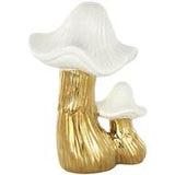 Gold Ceramic Mushroom Sculpture with White Tops and Textured Grooves - 7" X 6" X 10"