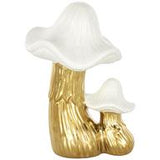 Gold Ceramic Mushroom Sculpture with White Tops and Textured Grooves - 7" X 6" X 10"