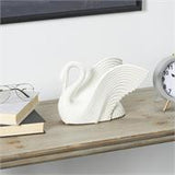 White Ceramic Swan Sculpture with Textured Grooves - 11" X 7" X 8"