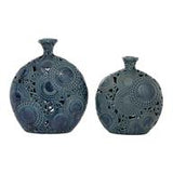 Blue Ceramic Floral Vase with Cut out Patterns Set of 2 16", 13"H