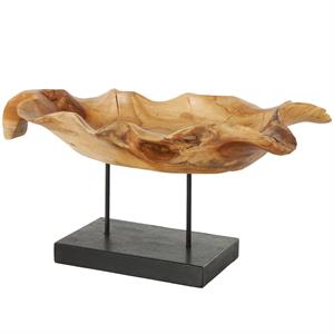 Brown Teak Wood Leaf Floating Decorative Sculpture with Black Stand and Base, 21