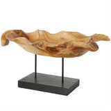 Brown Teak Wood Leaf Floating Decorative Sculpture with Black Stand and Base, 21" x 11" x 10"