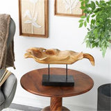 Brown Teak Wood Leaf Floating Decorative Sculpture with Black Stand and Base, 21" x 11" x 10"