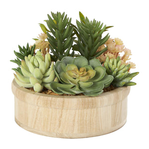 Green Faux Foliage Artifical Plant with Brown Wooden Pot - 8" X 8" X 7"