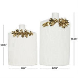 White Ceramic Vase with Abastract Spotted Pattern and Gold Leaf Accents Set of 2 16"x 12"H