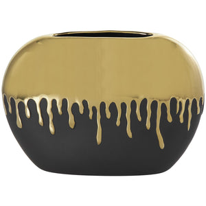 Black Ceramic Vase with Abstract Gold Melting Drips - 15" X 5" X 11"