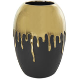 Black Ceramic Vase with Abstract Gold Melting Drips - 9" X 9" X 13"