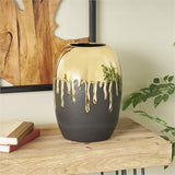 Black Ceramic Vase with Abstract Gold Melting Drips - 9" X 9" X 13"