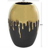 Black Ceramic Vase with Abstract Gold Melting Drips - 9" X 9" X 13"