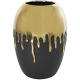 Black Ceramic Vase with Abstract Gold Melting Drips - 9" X 9" X 13"