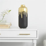 Black Ceramic Vase With Abstract Gold Melting Drips - 5" X 5" X 14"