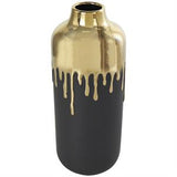 Black Ceramic Vase With Abstract Gold Melting Drips - 5" X 5" X 14"