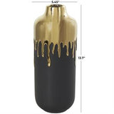 Black Ceramic Vase With Abstract Gold Melting Drips - 5" X 5" X 14"