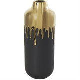 Black Ceramic Vase With Abstract Gold Melting Drips - 5" X 5" X 14"