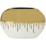 White Ceramic Vase with Abstract Gold Melting Drips - 16" X 4" X 11"