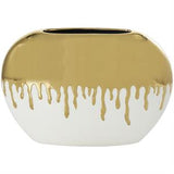 White Ceramic Vase with Abstract Gold Melting Drips - 16" X 4" X 11"