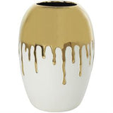 White Ceramic Vase with Abstract Gold Melting Drips - 9" X 9" X 13"