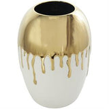 White Ceramic Vase with Abstract Gold Melting Drips - 9" X 9" X 13"