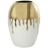 White Ceramic Vase with Abstract Gold Melting Drips - 9" X 9" X 13"