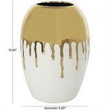 White Ceramic Vase with Abstract Gold Melting Drips - 9" X 9" X 13"