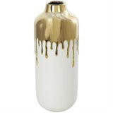 White Ceramic Vase with Abstract Gold Melting Drips - 5" X 5" X 14"