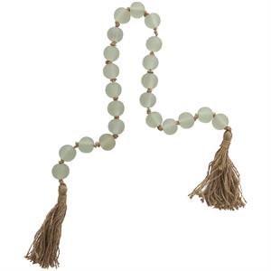 Green Glass Handmade Round Frosted Beaded Garland with Tassel with Knotted Brown Jute, 45