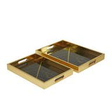 Gold Plastic Geometric Tray with Black Glass - Set of 2 16", 14"W