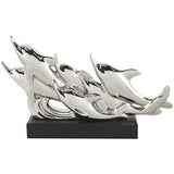 Silver Ceramic Dolphin Sculpture with Black Block Base - 15" X 3" X 9"