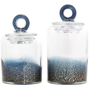 Dark Blue Glass Faceted Ombre Decorative Jars with Diamond Knobs Set Of 2