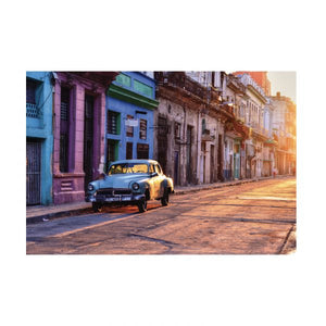 Tempered Glass Art - Old Blue American Car Parked On The Street In Havana Wall Art Decor