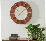 Large Round Brown Faux Leather Wall Clock with Gold Detail