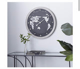 Large Round Black And Silver Map Metal Wall Clock With Grey Wood Frame