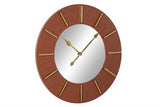 Large Round Brown Faux Leather Wall Clock with Gold Detail