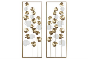 Metal Art - Gold Metal Modern Leaves Wall Decor - Set of 2 12"W, 34"H