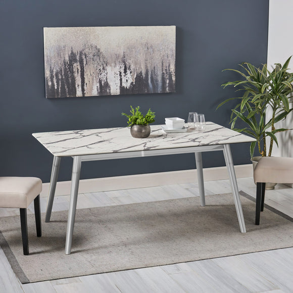 Rectangular Dining Table Marble Finish Top with Chrome Legs